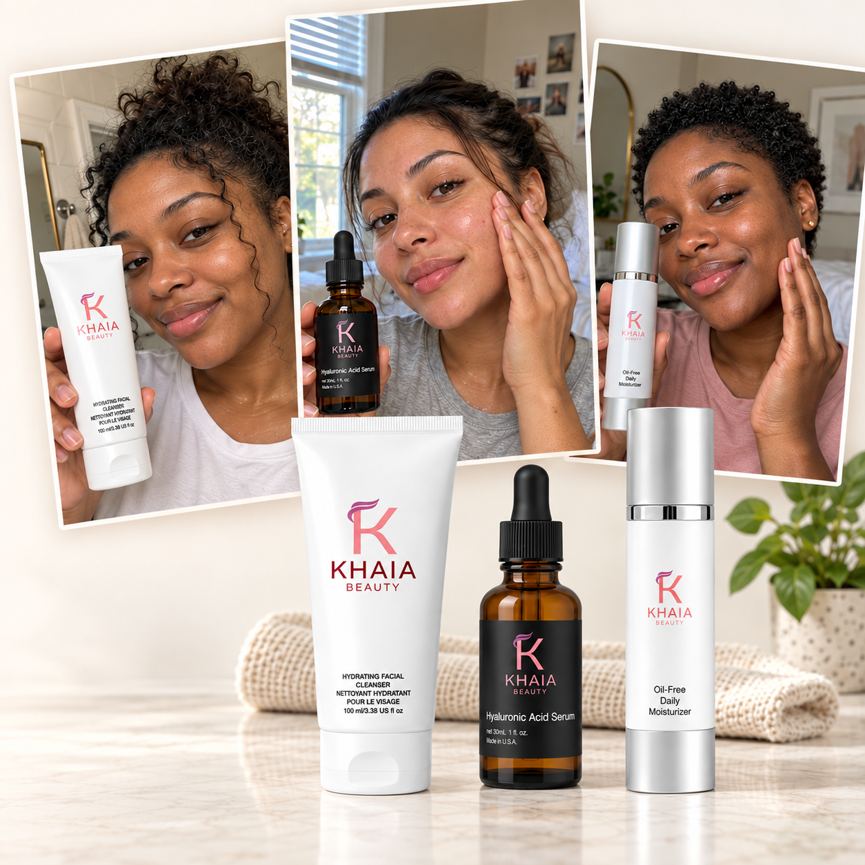 Khaia customers with the cleanser, serum and moisturizer